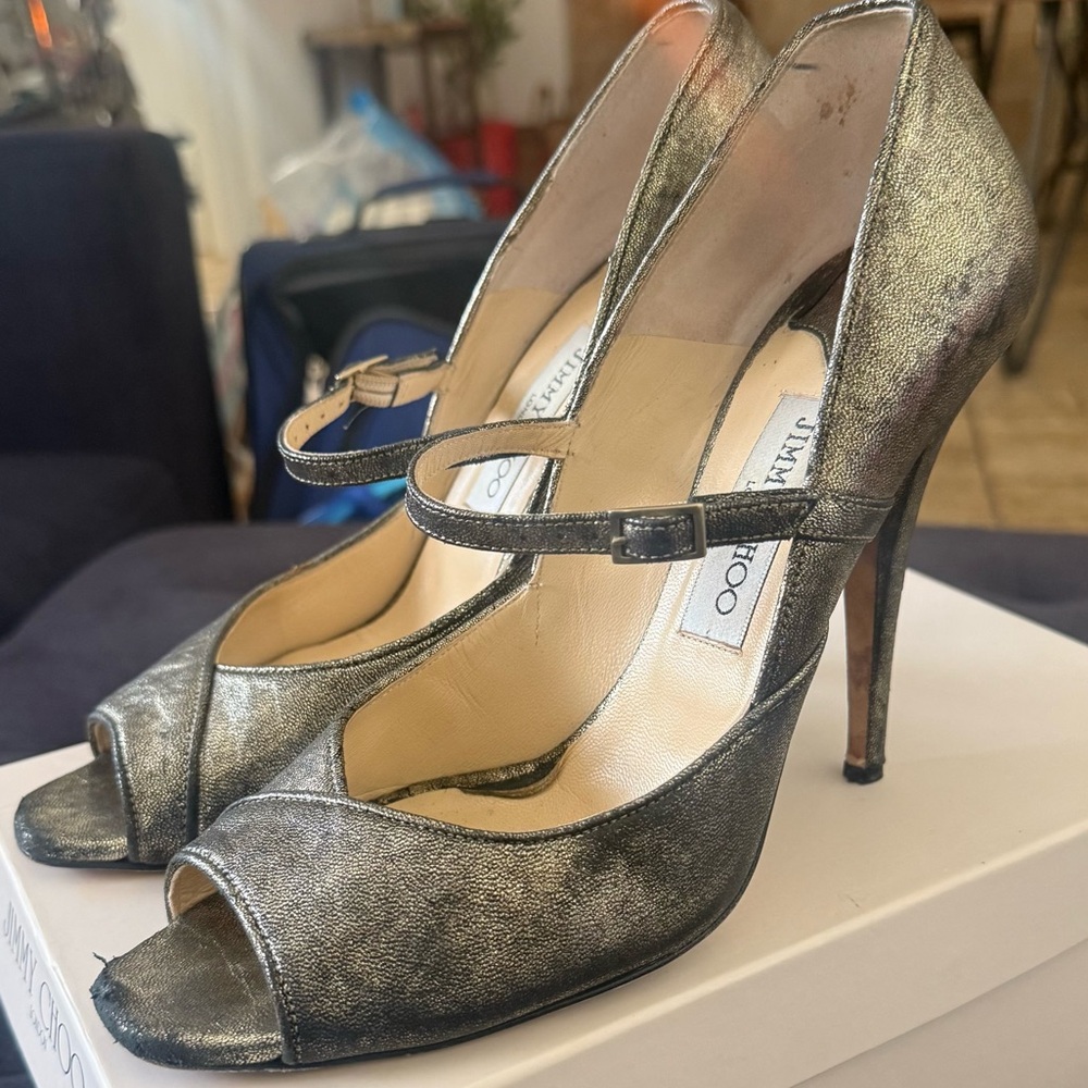 Jimmy Choo distressed metallic leather peep toes heels FIRM PRICE